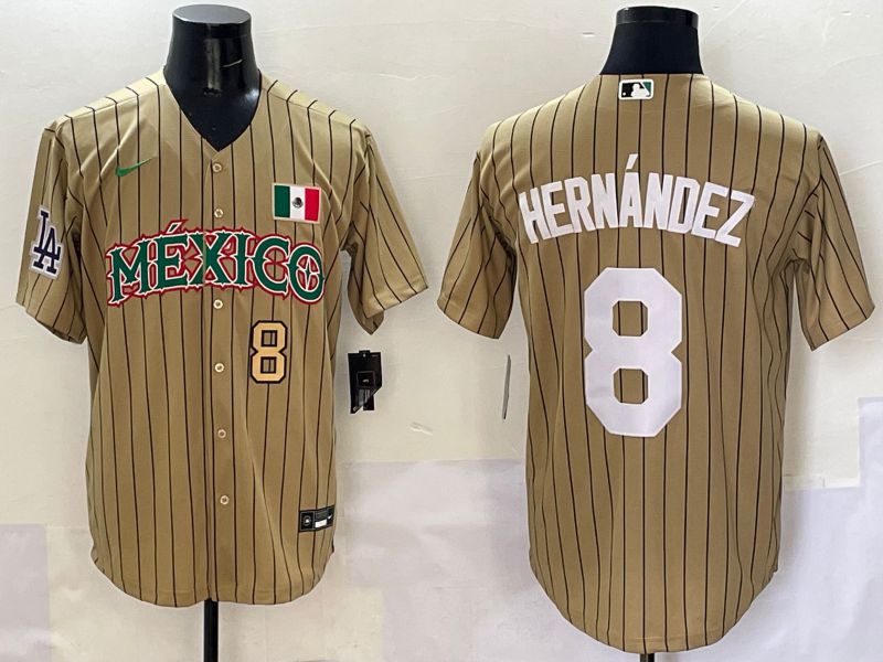 Men Los Angeles Dodgers #8 Hernandez Brown Stripe Mexico Joint Name 2025 Nike MLB Jersey style 6